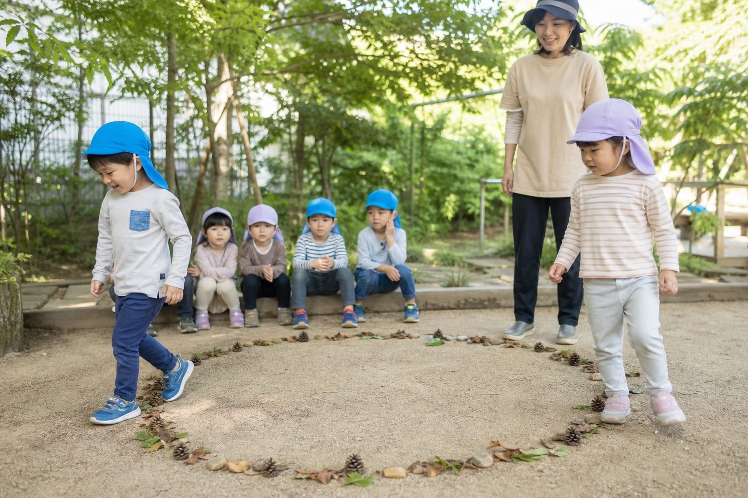 輪の外を歩いて交代の外遊びイメージ