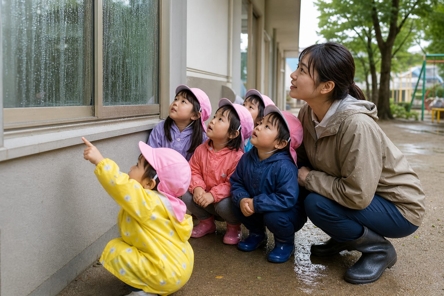 雨の線を窓下から観察の外遊びイメージ