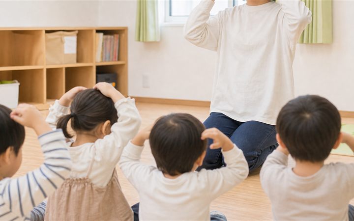 1歳児が保育者の動きをまねる参考イメージ